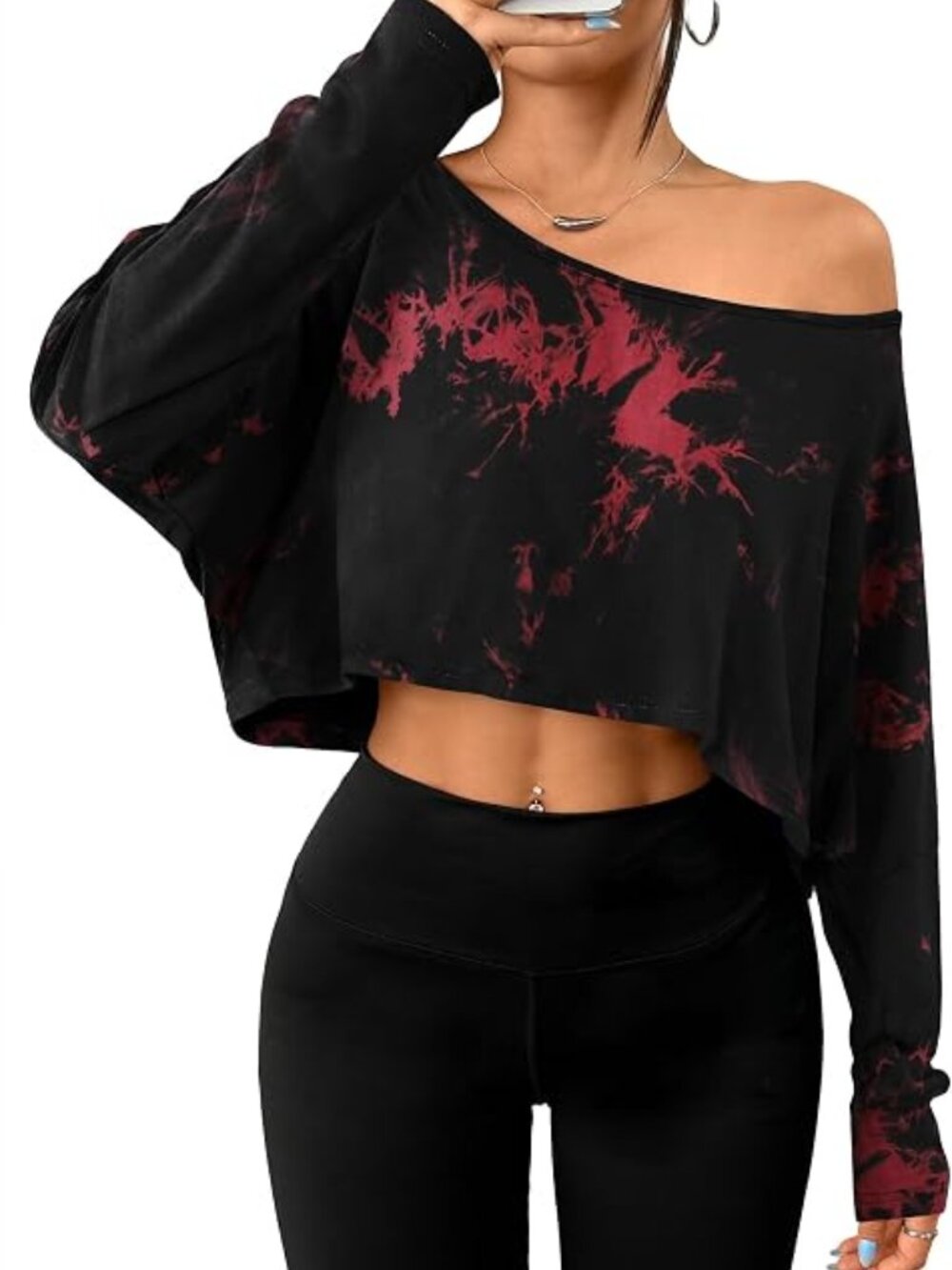 Hilinker Black & Red Tie-Dye-like Crop Top - Women's Stylish Tee.  NWT